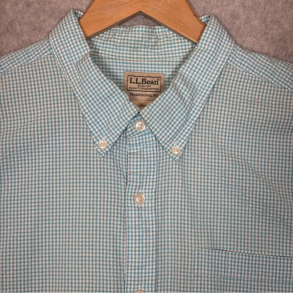 L.L. Bean Short Sleeve Button-Down Gingham Seersucker Shirt-Blue/White-Men XXL